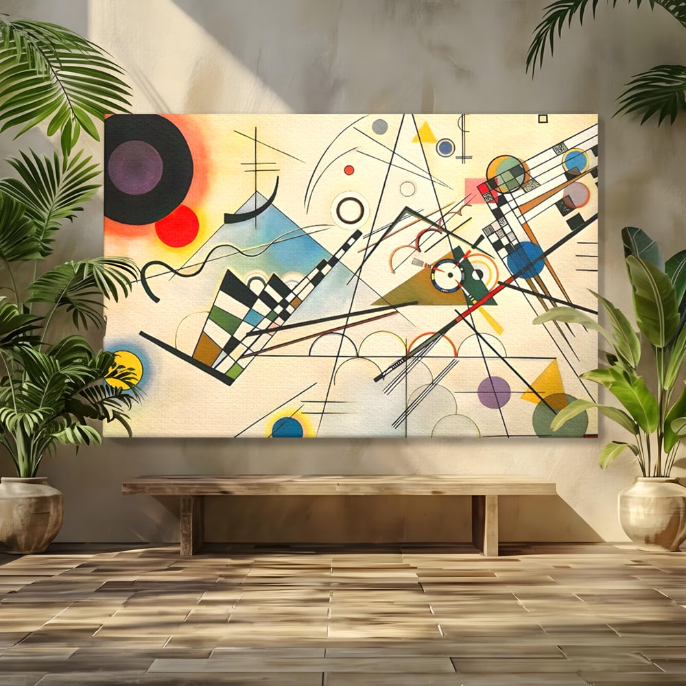 Tablou canvas cu pictura abstracta cu forme geometrice colorate, fara rama, pe sasiu de lemn
